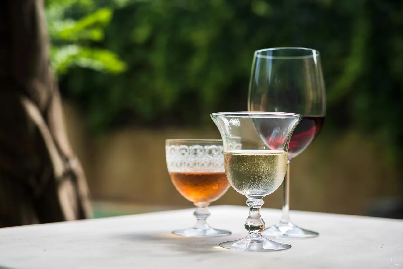 Copas de vino tinto, blanco y rosado sobre una mesa en el jardín